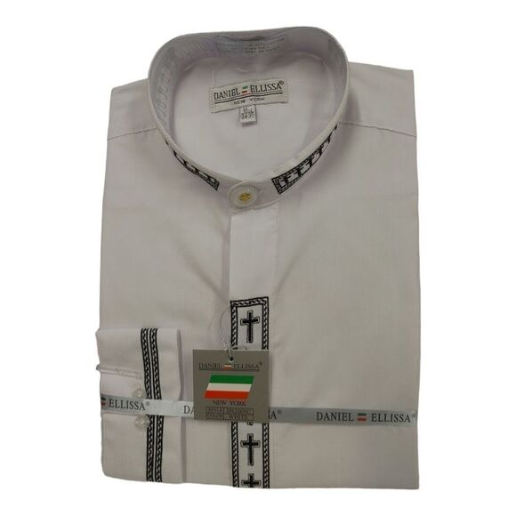 MEN'S DANIEL ELLISSA WHITE W/BLACK EMBROIDERY BANDED COLLAR DRESS SHIRT. DS2005C - Picture 4 of 4